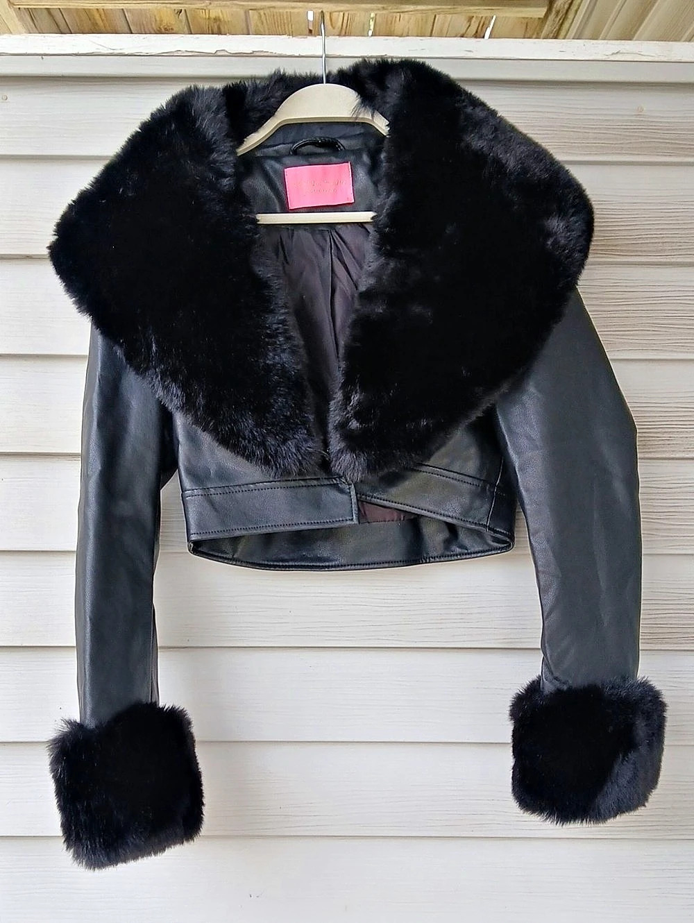 Azalea Wang Faux Fur Trim Giselle Crop Jacket Black Size Small